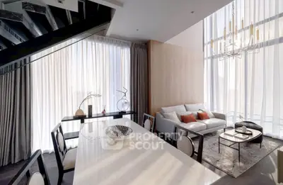 Luxurious modern living room with high ceilings and elegant decor