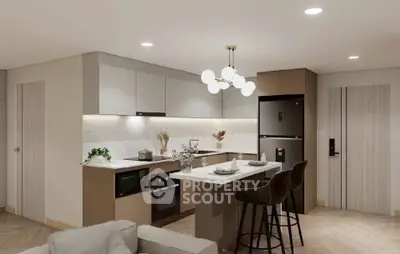 Modern kitchen with island, sleek appliances, and stylish lighting in a cozy open layout.