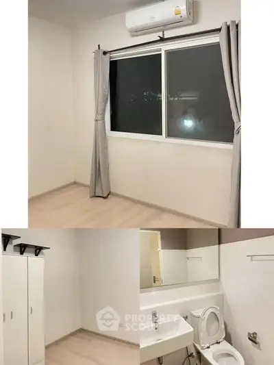 Modern unfurnished bedroom with air conditioning and adjacent bathroom