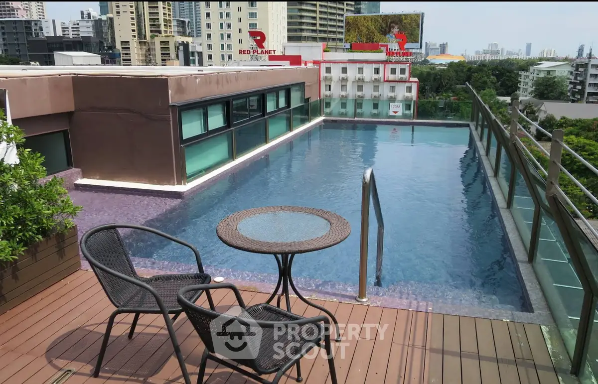 Stunning rooftop pool with city views and cozy seating area, perfect for relaxation and entertainment.