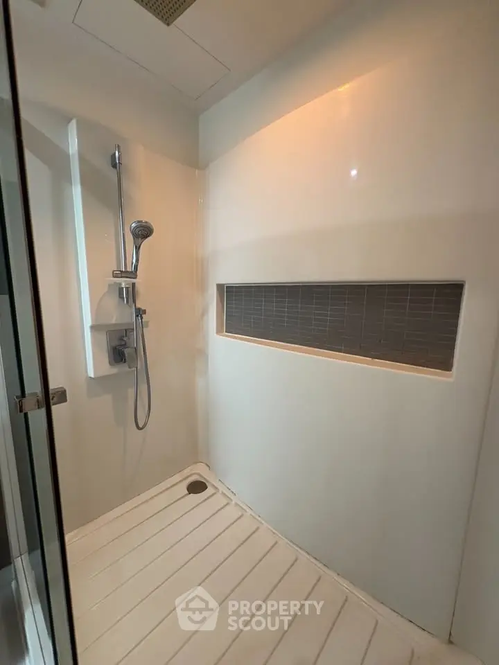 Modern shower area with sleek design and built-in shelving in a contemporary bathroom.