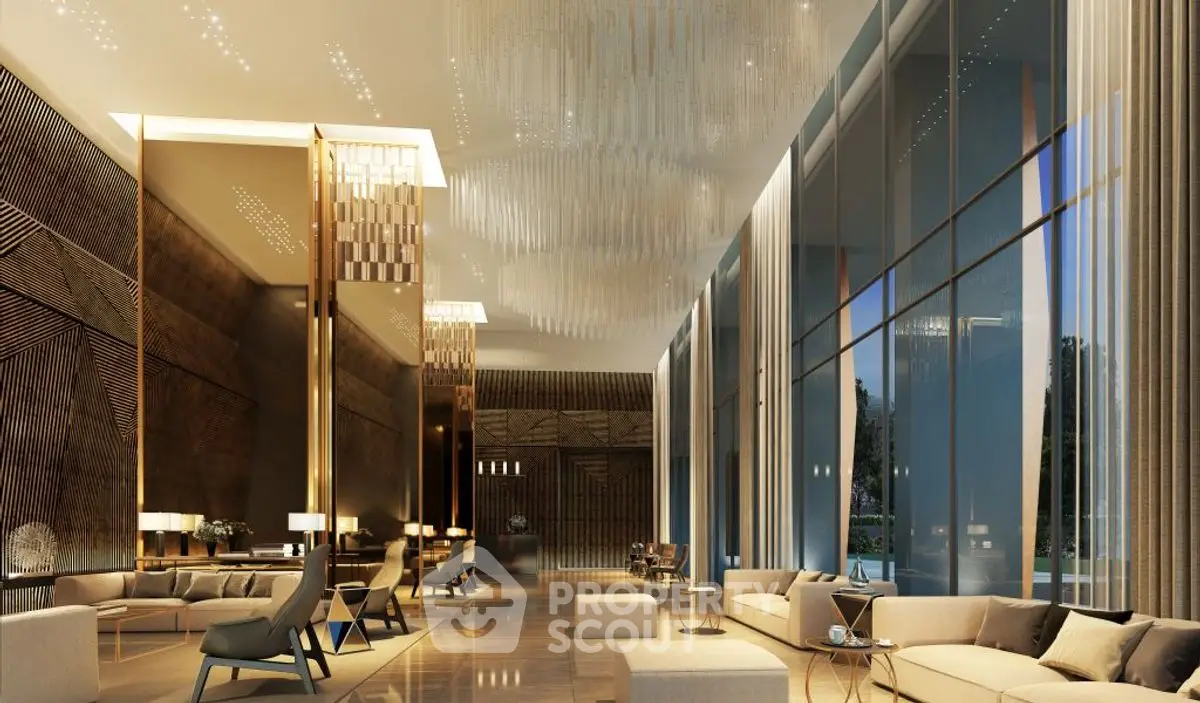 Luxurious modern living room with high ceilings and elegant lighting