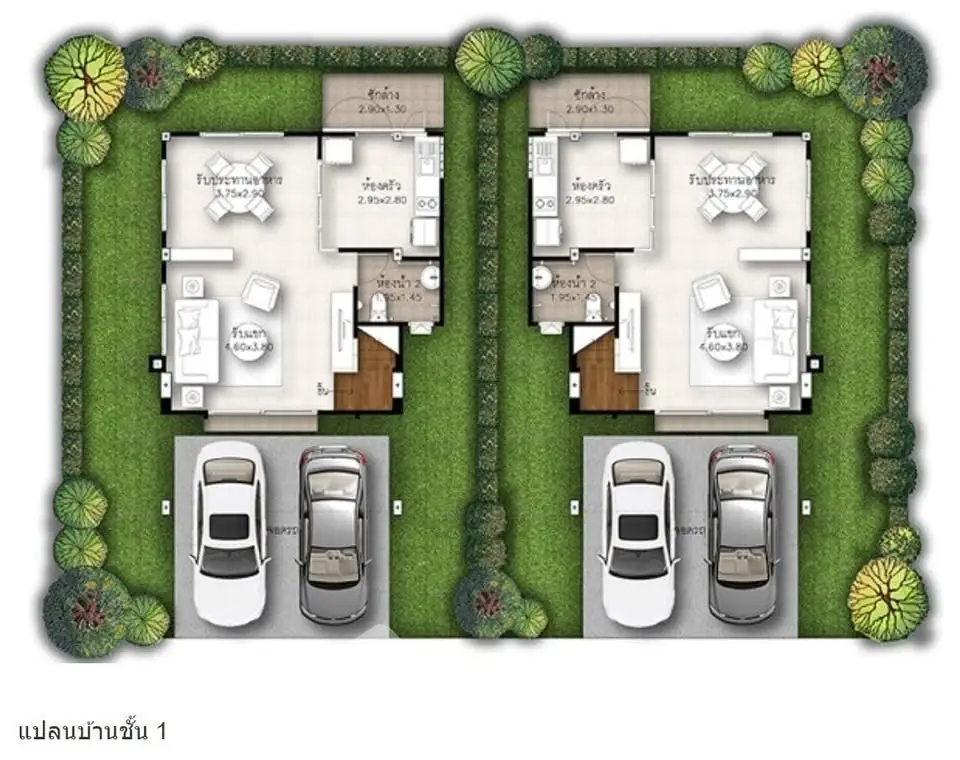 Detailed floor plan of modern twin houses with parking and garden space.