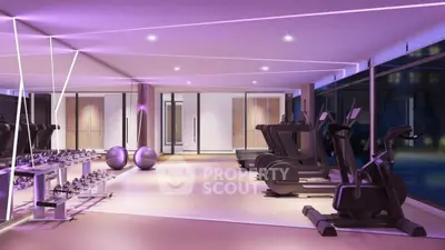 Luxurious modern gym with state-of-the-art equipment and ambient lighting in upscale residential building.