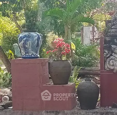 Charming garden with decorative pots and lush greenery, perfect for outdoor relaxation and aesthetics.