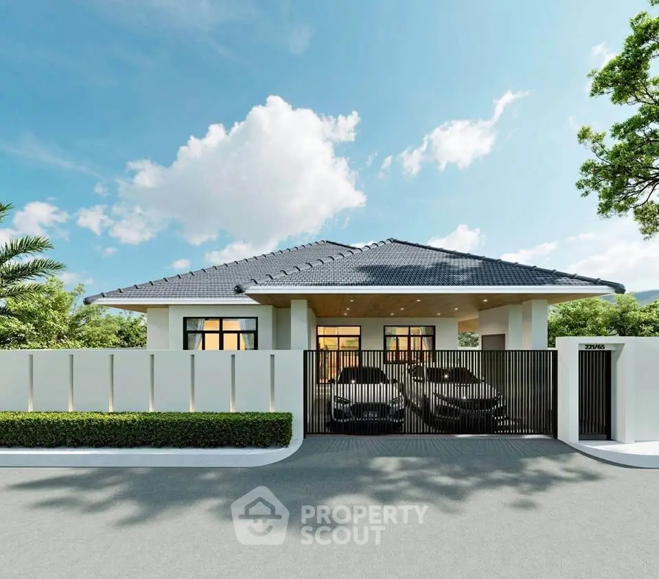 Modern single-story house with sleek design and spacious driveway in a serene neighborhood.