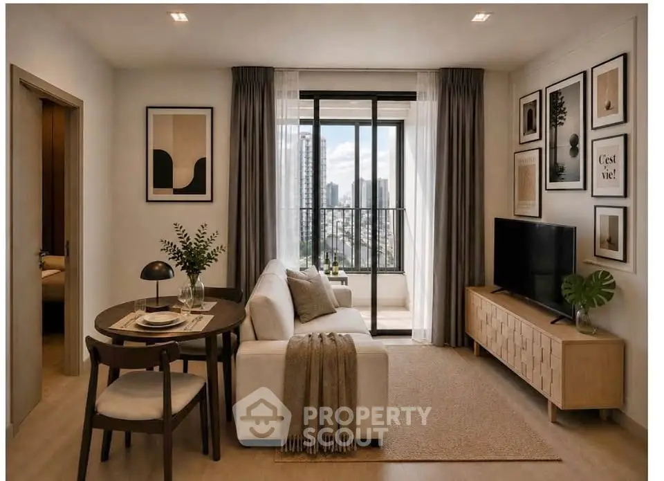 Modern living room with stylish decor and city view balcony in a high-rise apartment.