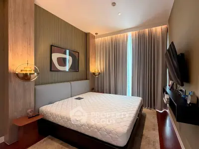 Luxurious modern bedroom with stylish decor and ambient lighting