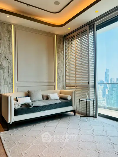 Luxurious living room with modern sofa and stunning city view through large windows.