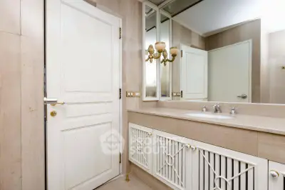 Elegant bathroom with stylish vanity and mirror in modern home