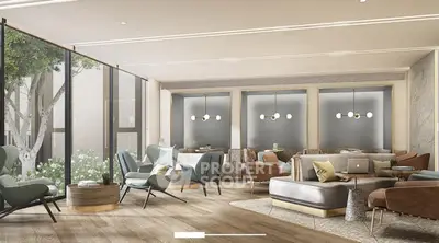 Luxurious modern living room with elegant furniture and large windows overlooking a garden.