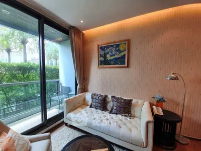 Stylish living room with elegant sofa and balcony view