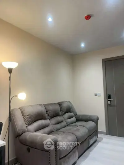 Cozy living room with plush gray sofa and modern lighting