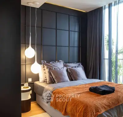 Luxurious modern bedroom with elegant decor and floor-to-ceiling windows
