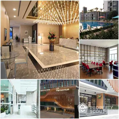 Luxurious real estate collage showcasing modern interiors and stunning exteriors with pool and office space.