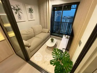 Cozy living room with modern decor and city view balcony
