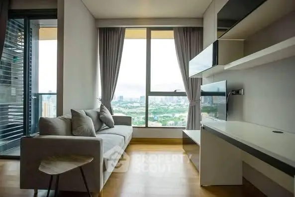 Modern living room with city view, sleek furniture, and large windows.