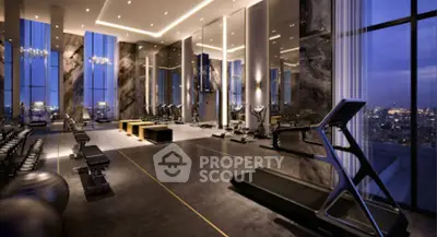 Luxurious high-rise gym with panoramic city views and modern fitness equipment.