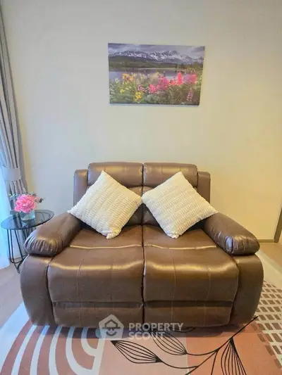 Cozy living room with plush leather sofa and elegant decor