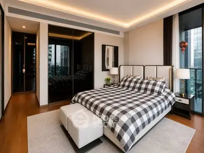 Luxurious modern bedroom with stylish decor and city view, featuring elegant lighting and plush bedding.