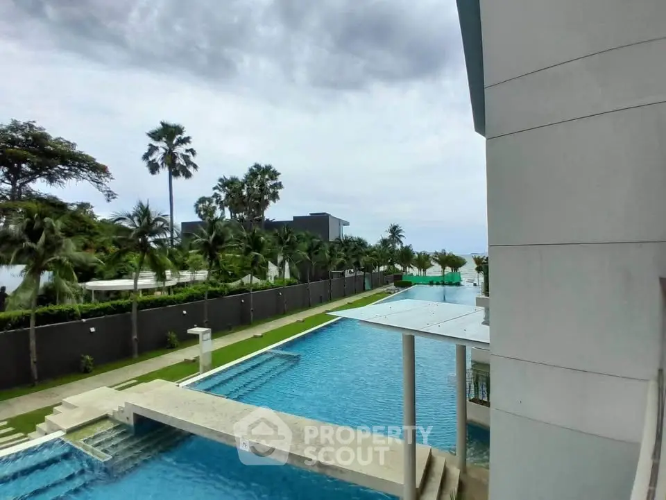 Luxurious poolside view with palm trees and modern architecture