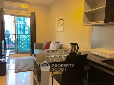 Modern living room with city view and stylish open kitchen