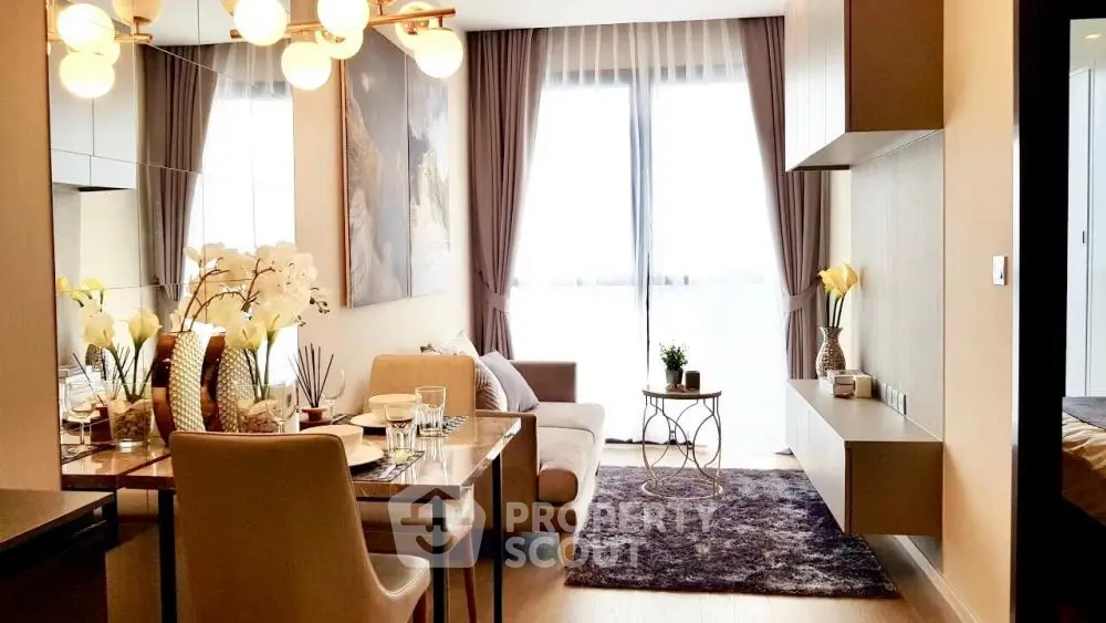 Elegantly furnished living room with dining area, modern decor, and abundant natural light streaming through large windows, perfect for urban living.