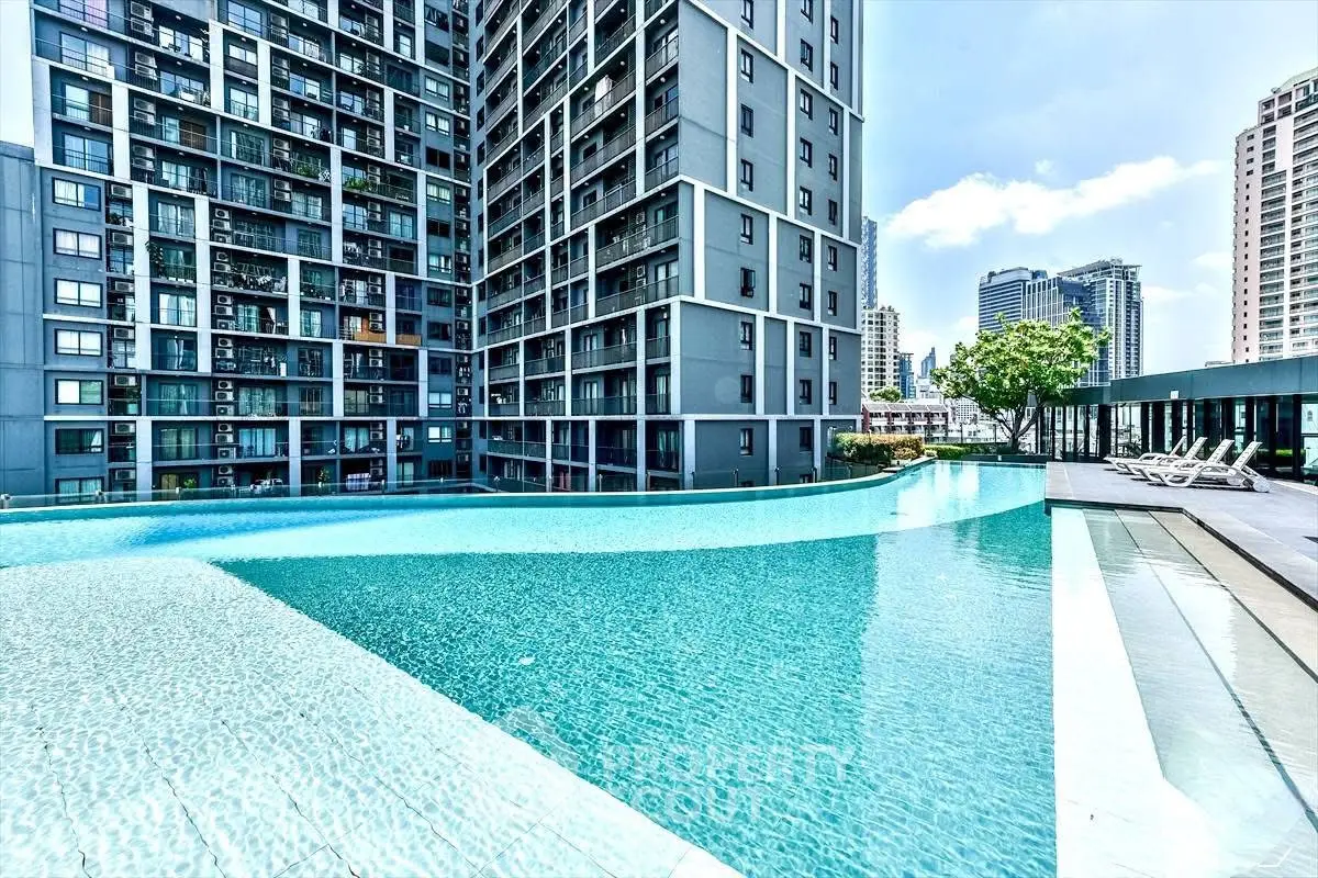Luxurious urban apartment complex with stunning pool and city views.