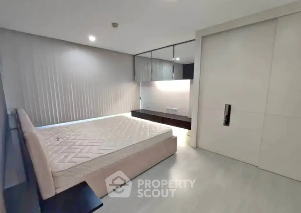 Modern minimalist bedroom with sleek design and ample natural light