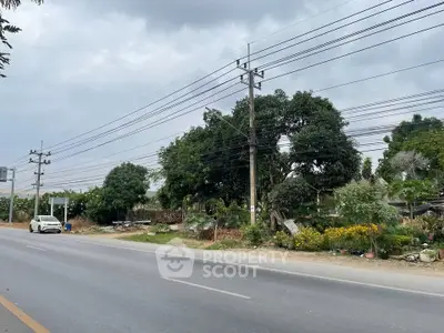 Scenic roadside view with lush greenery and clear skies, ideal for real estate development.