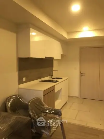 Modern kitchen with sleek cabinets and cozy lighting in a compact apartment.