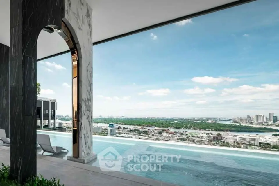Luxurious rooftop infinity pool with stunning city skyline view, perfect for relaxation and entertainment.
