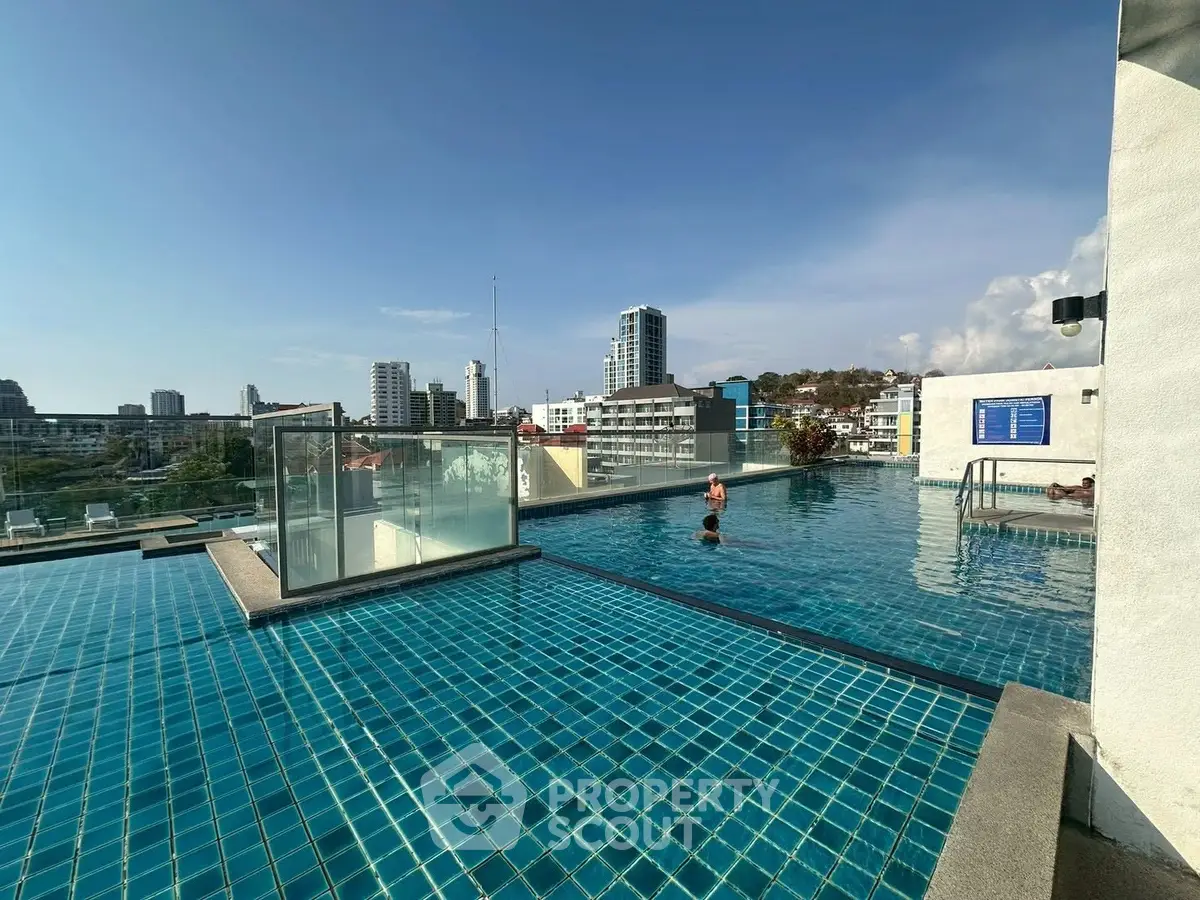 Stunning rooftop pool with panoramic city views in a modern urban setting.