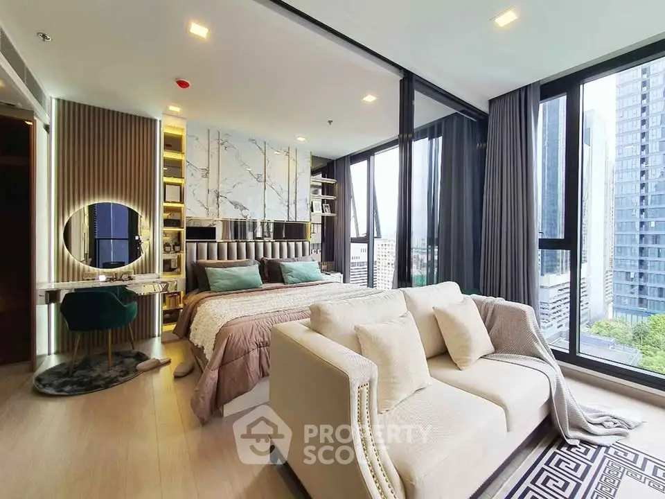 Luxurious modern bedroom with floor-to-ceiling windows and city view