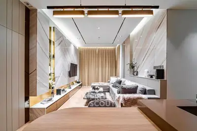 Luxurious modern living room with elegant decor and ambient lighting