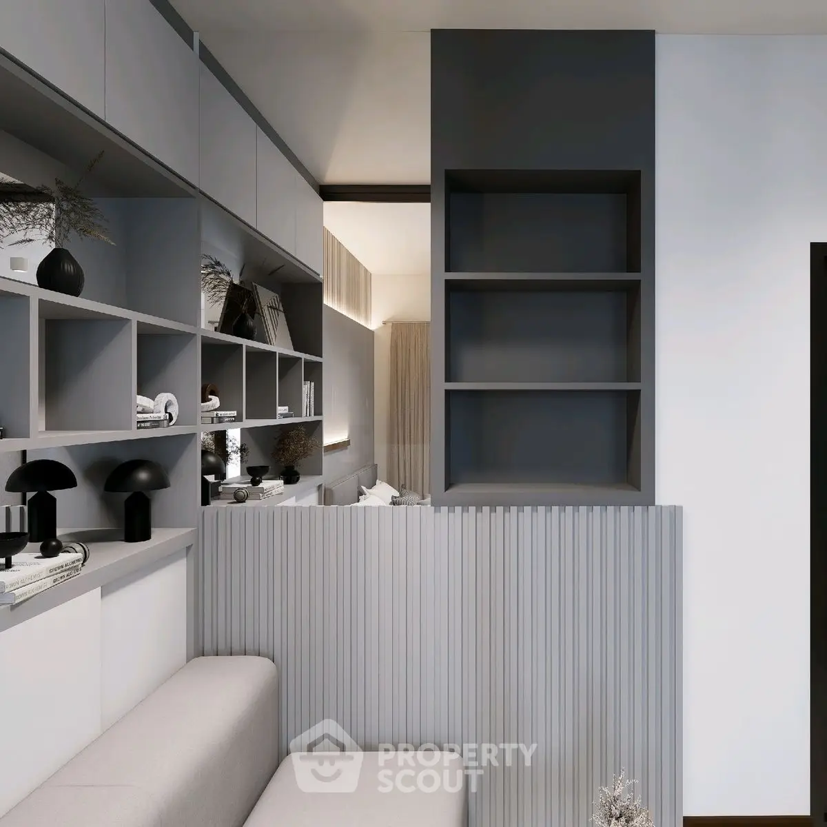 Modern living room with sleek shelving and neutral tones