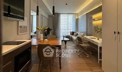 Modern open-plan living room with dining area and study space, featuring elegant decor and natural light.