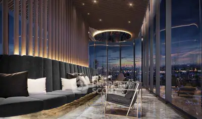 Luxurious high-rise lounge with panoramic city views and elegant seating.