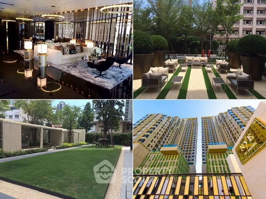 Luxurious real estate with modern interiors and lush outdoor spaces, featuring a stylish building facade.