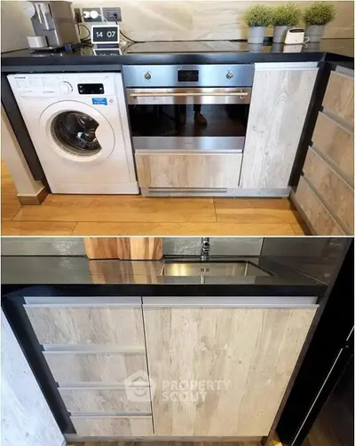 Modern kitchen with built-in appliances and sleek cabinetry