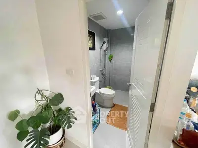 Modern bathroom with sleek design and indoor plant, featuring a shower and toilet.