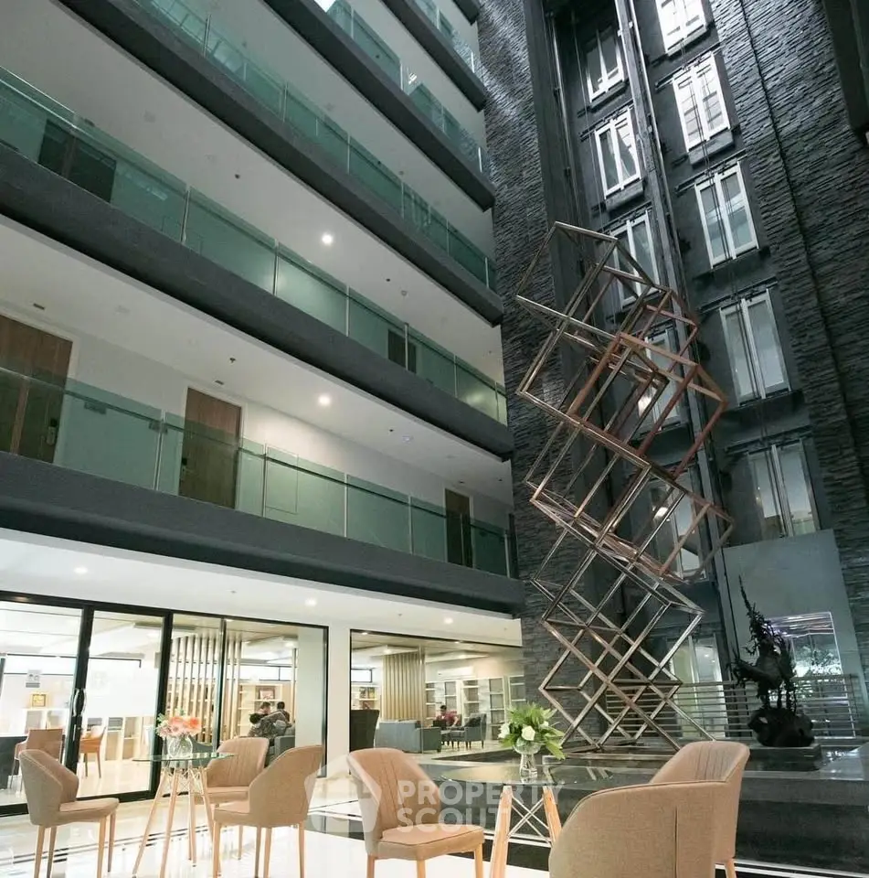 Modern building lobby with stylish seating and architectural design