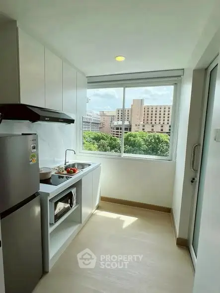 Bright kitchen with modern appliances and city view, perfect for urban living.