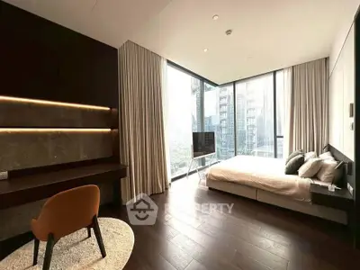 Luxurious modern bedroom with floor-to-ceiling windows and city view