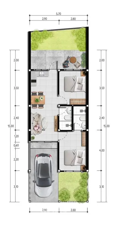 Modern floor plan with two bedrooms, living area, and garage, ideal for compact urban living.