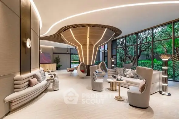 Luxurious modern living room with unique ceiling design and elegant furniture.