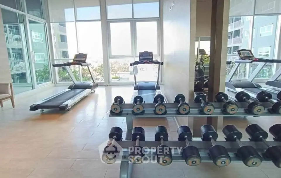 Modern gym with treadmills and dumbbells in a high-rise building