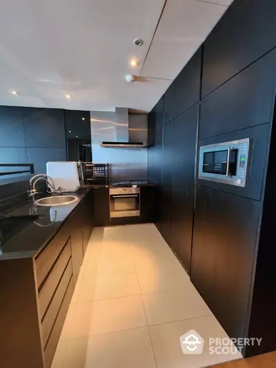 Modern kitchen with sleek black cabinetry and built-in appliances