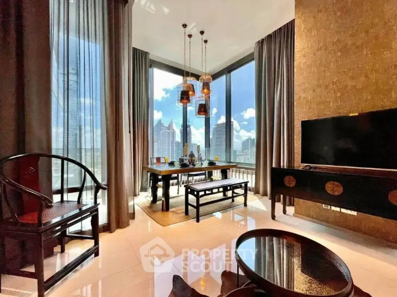 Luxurious living room with stunning city view and elegant decor