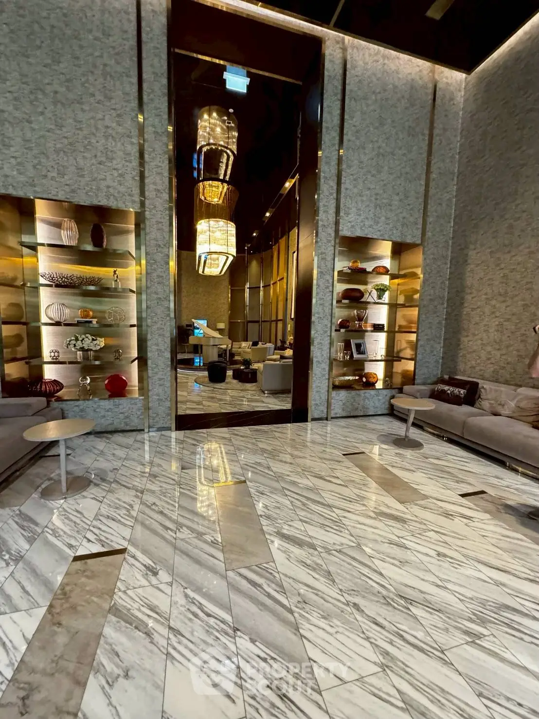 Luxurious modern living room with marble flooring and elegant decor